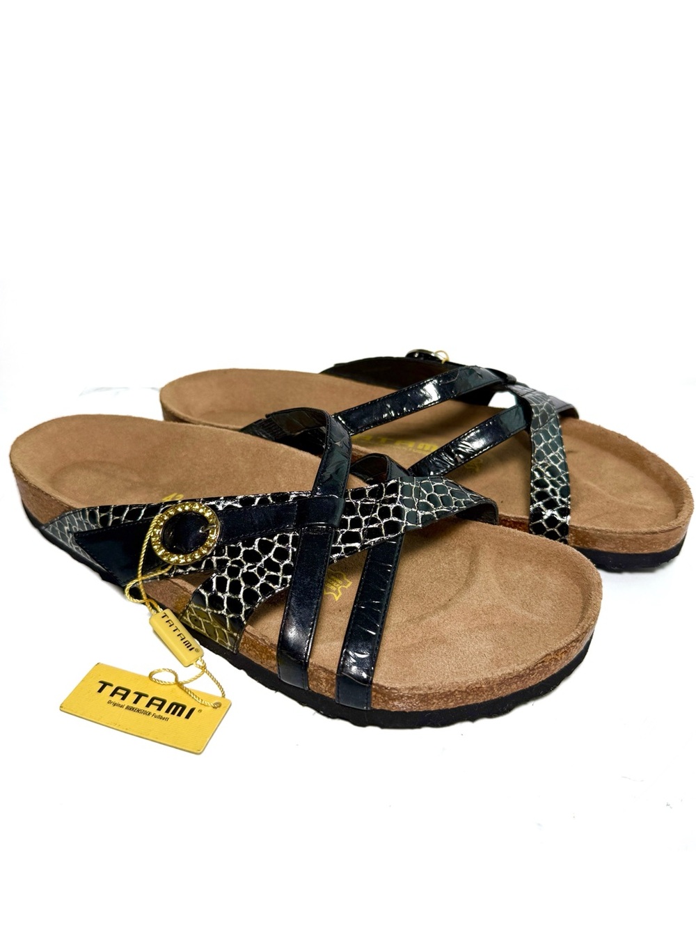 NWT Birkenstock Tatami Black Strappy Footbed Sandals Jewel Comfort